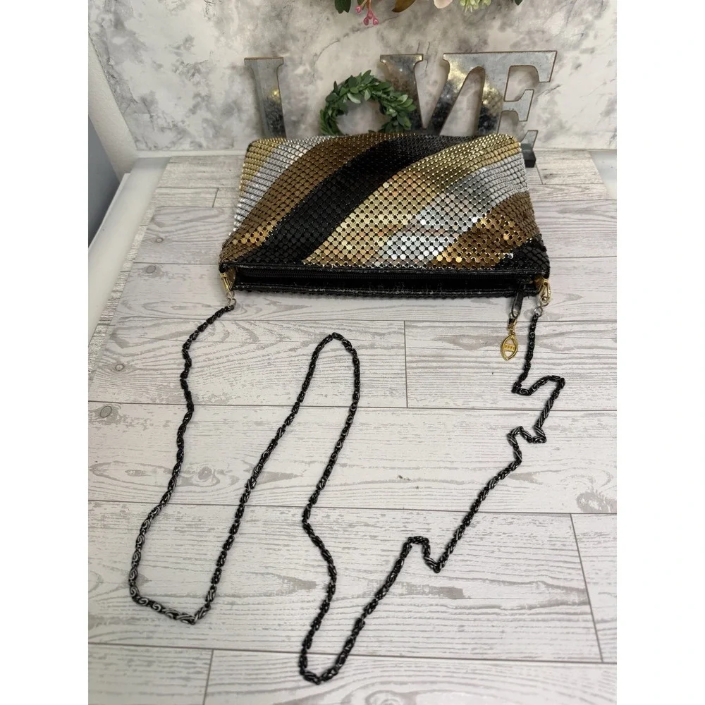 Vintage 70 80s Gold Black Bronze Silver Mesh Stripe Purse Bag Clutch Cross Body